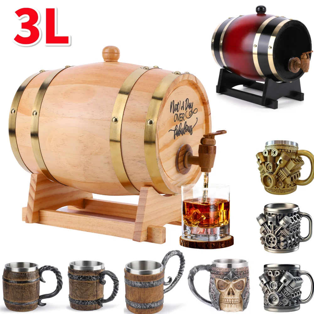 Wine Beer Cocktail - 3L Wooden Whiskey Barrel with Stand